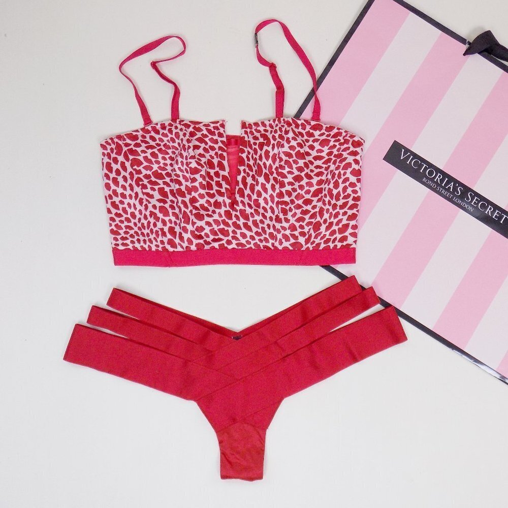 nwt 2 piece set lingerie Victoria's Secret VS red corset top strappy thong panty